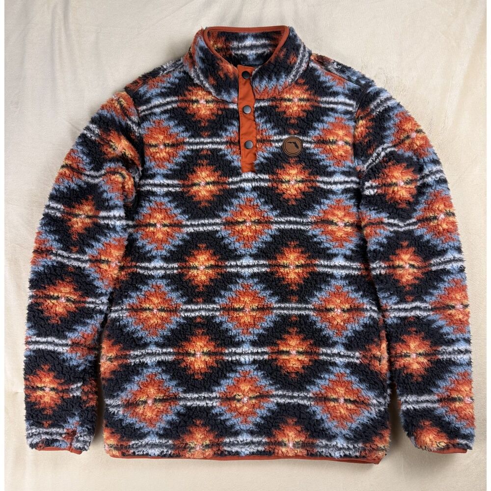 Home Free Southwest Aztec Sherpa Fleece Pullover Jacket Orange Blue Men’s Small